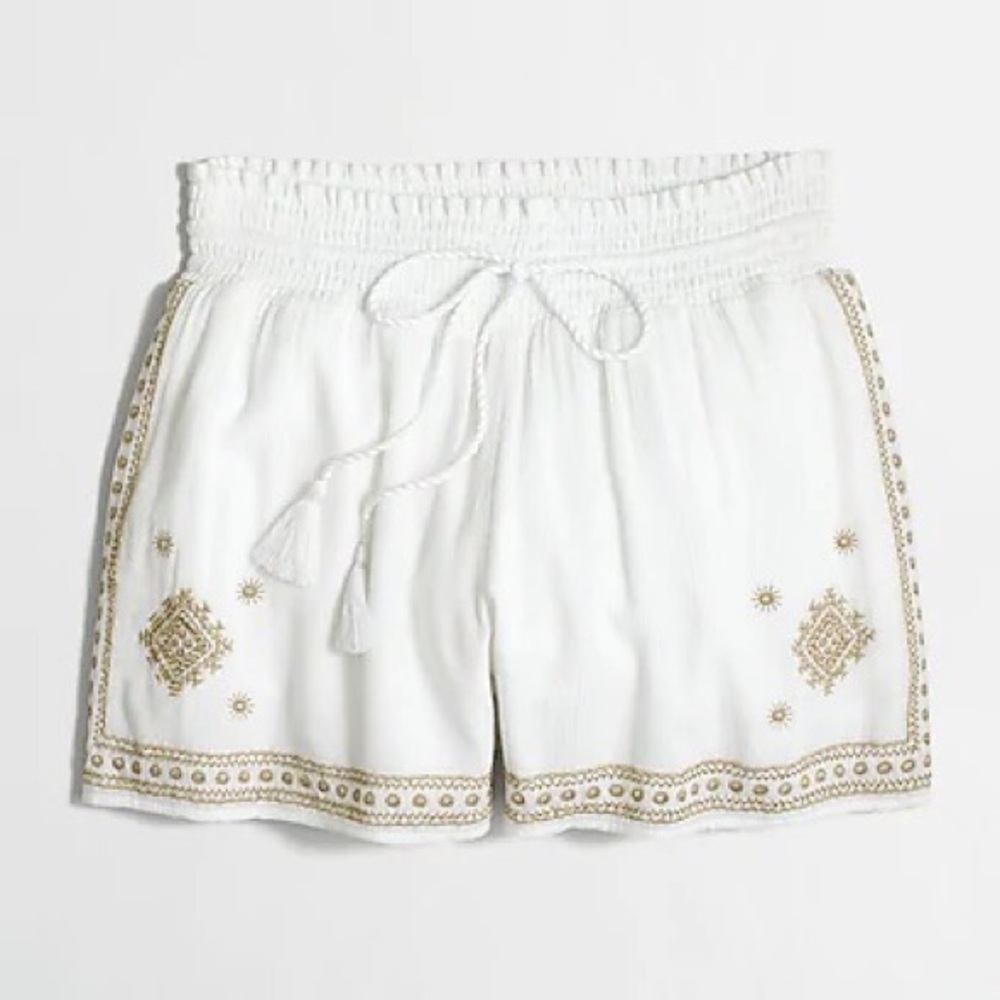 J Crew Factory White & Gold Embroidered Shorts NWT